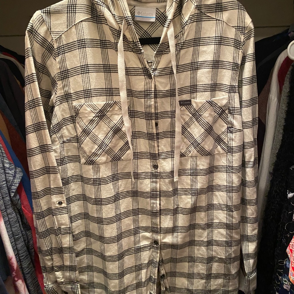 Columbia Plaid Button-Up Flannel Shirt with Hood